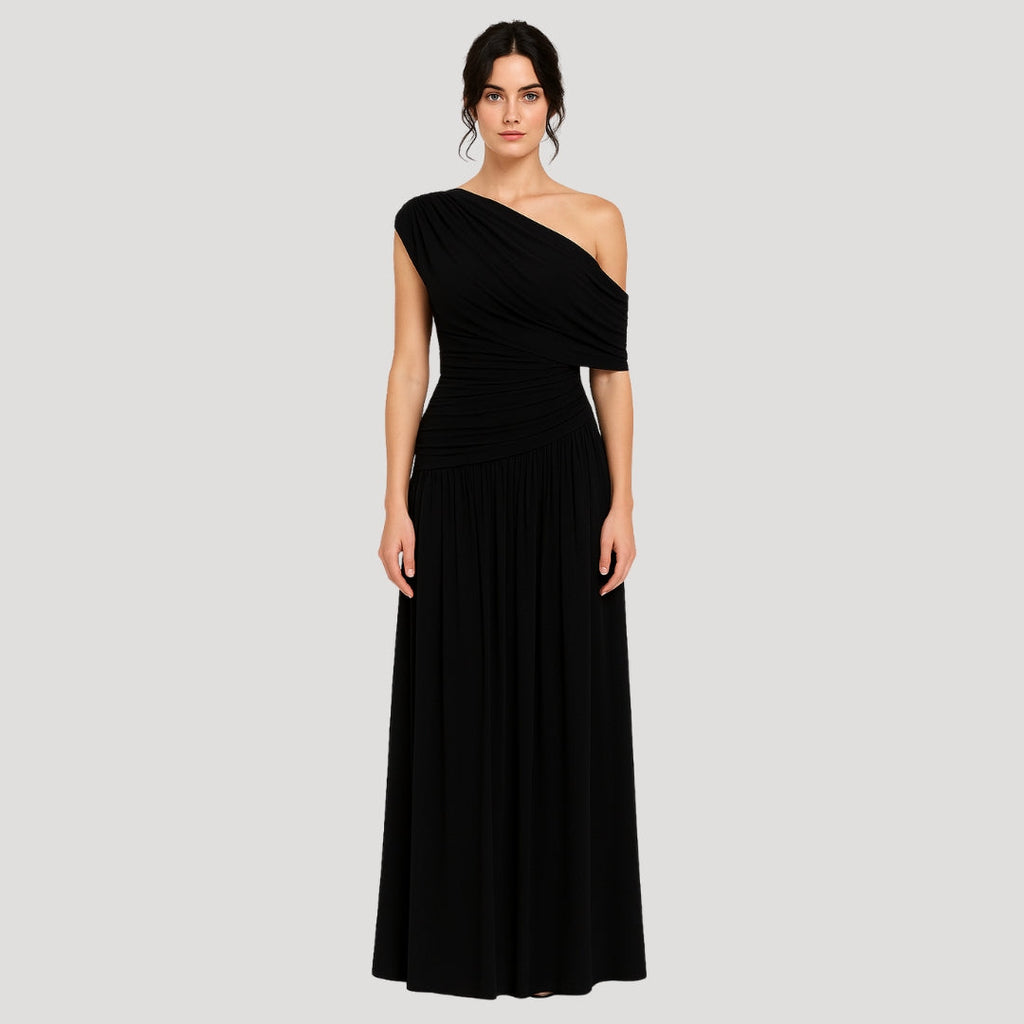 Halvine | Women's One-Shoulder Ruched Maxi Dress - Cream - Image 7