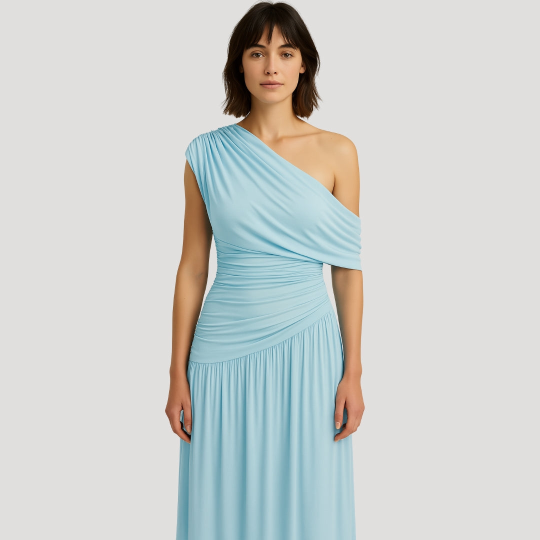 Halvine | Women's One-Shoulder Ruched Maxi Dress - Cream - Image 8