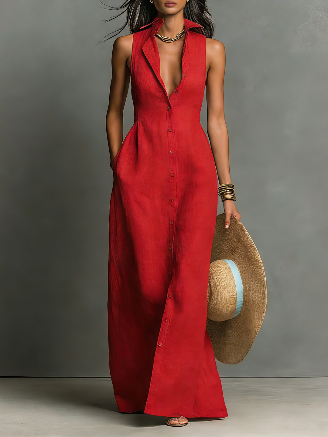 Halvine | Women's Sleeveless Maxi Dress - Red - Image 1