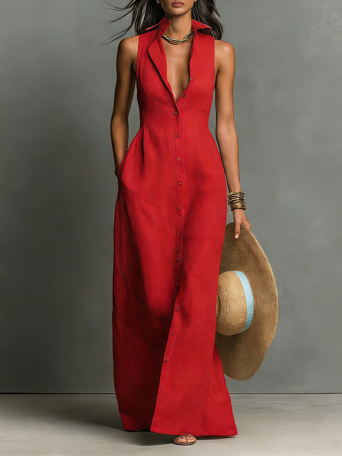 Halvine | Women's Sleeveless Maxi Dress - Red - Image 1