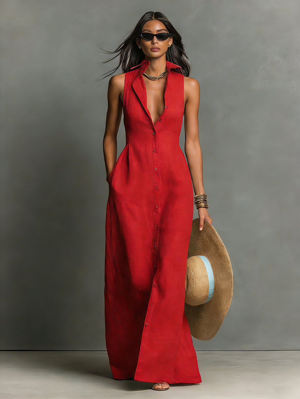 Halvine | Women's Sleeveless Maxi Dress - Red - Image 11