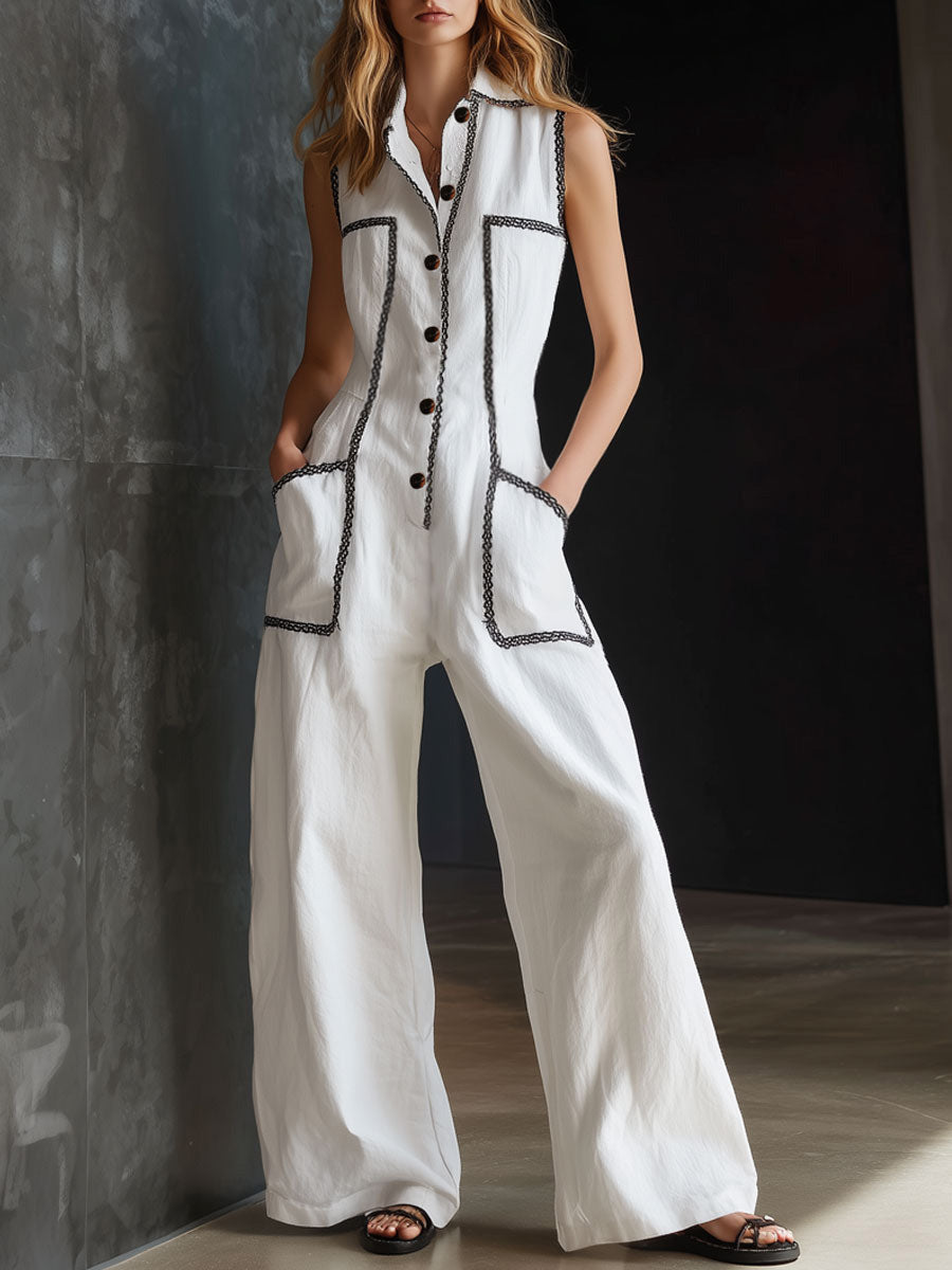 Halvine | Women's Wide Leg Sleeveless Jumpsuit - White - Image 1