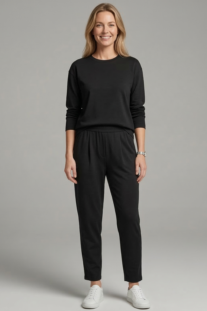 Halvorie | Women's Two Piece Set Crew Neck & Tapered Trousers - Black - Image 1