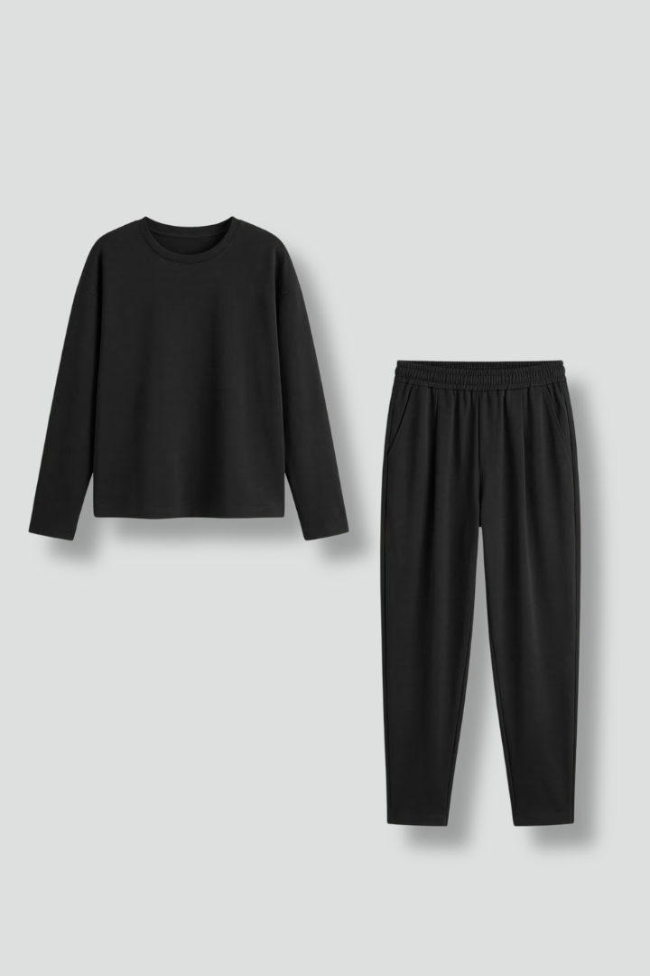 Halvorie | Women's Two Piece Set Crew Neck & Tapered Trousers - Black - Image 2