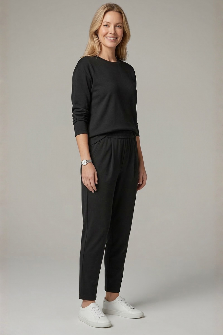 Halvorie | Women's Two Piece Set Crew Neck & Tapered Trousers - Black - Image 3