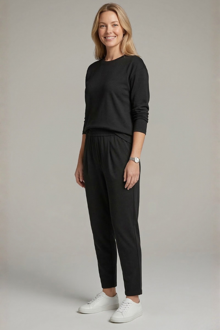 Halvorie | Women's Two Piece Set Crew Neck & Tapered Trousers - Black - Image 4