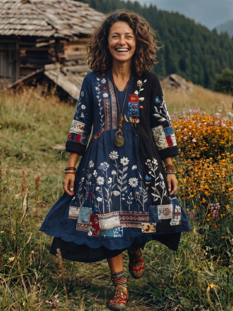 Halvorna | Women's Embroidered Patchwork Midi Dress - Navy - Image 1