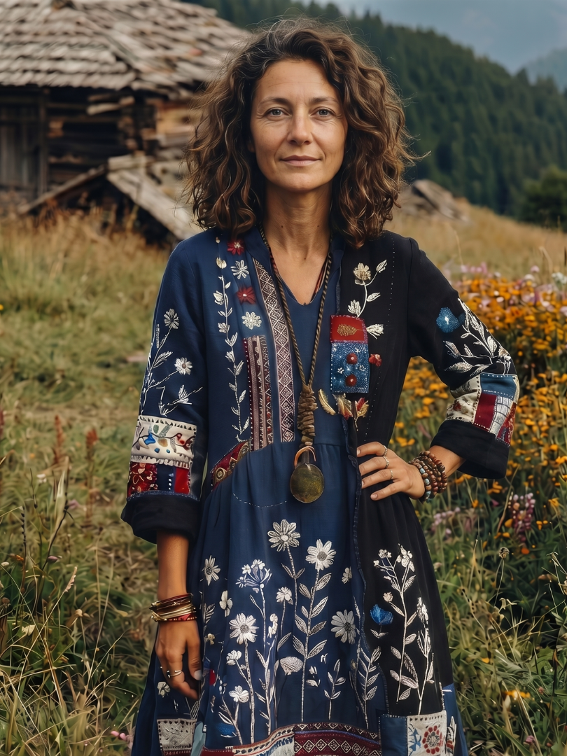 Halvorna | Women's Embroidered Patchwork Midi Dress - Navy - Image 2