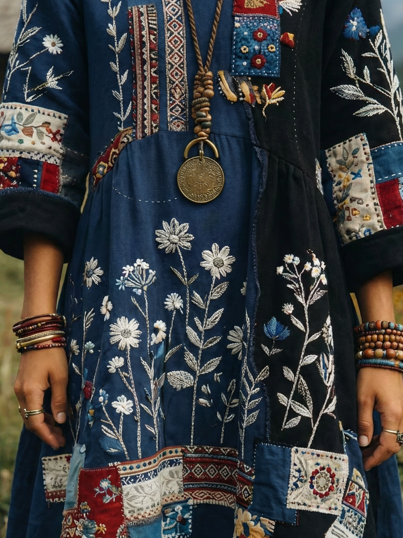 Halvorna | Women's Embroidered Patchwork Midi Dress - Navy - Image 4