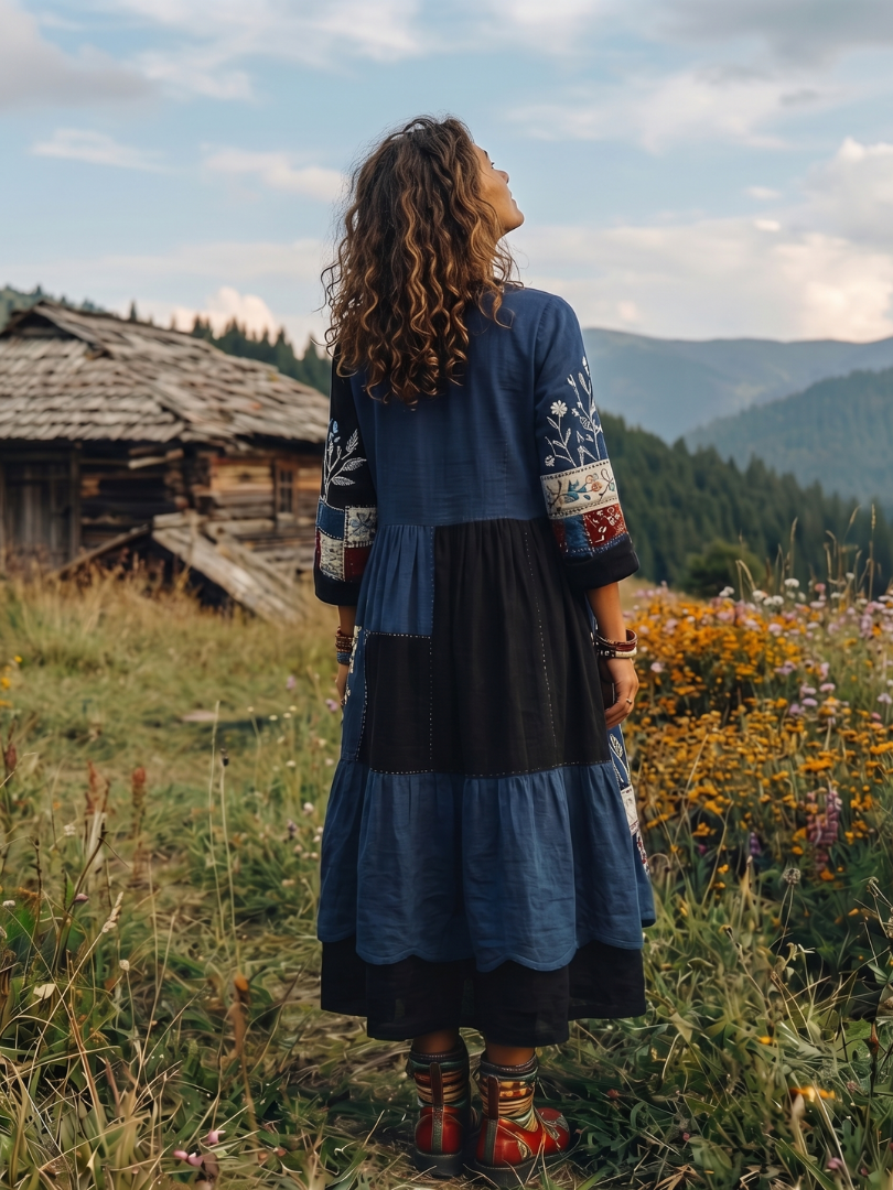 Halvorna | Women's Embroidered Patchwork Midi Dress - Navy - Image 6