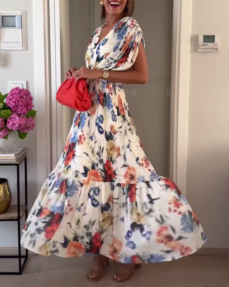 Halvorne | Women's Floral Maxi Dress Pleated Skirt - Image 1