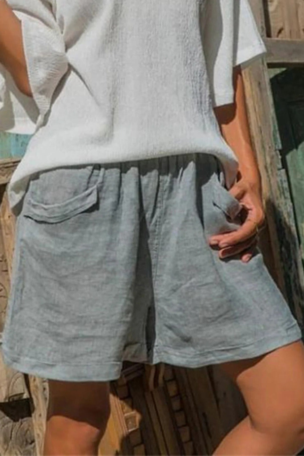 Halvorne | Women's Linen Shorts Elastic Waist - Light Blue - Image 1