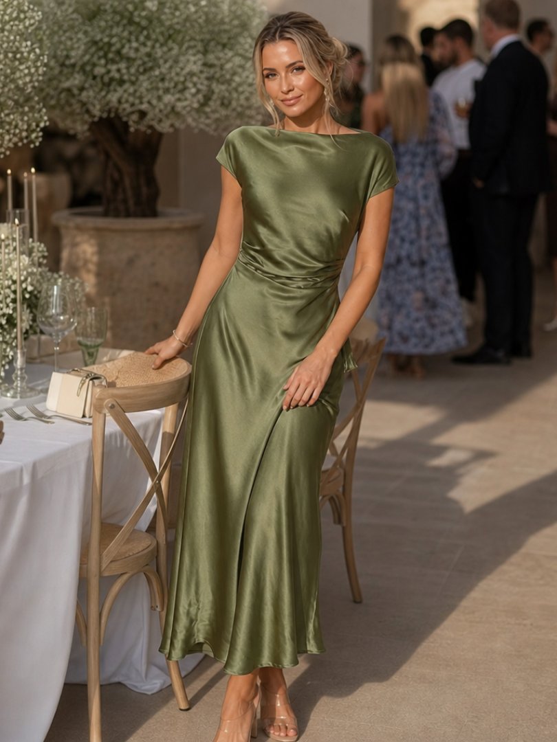 Halvorne | Women's Midi Dress Boat Neck Cap Sleeve - Olive Green - Image 4