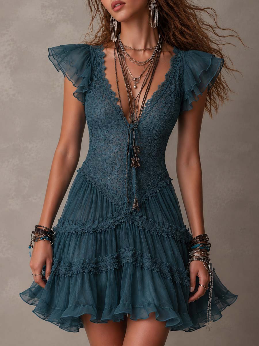 Isadora | Women's Lace Mini Dress with Ruffle Sleeves - Teal - Image 1