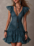 Isadora | Women's Lace Mini Dress with Ruffle Sleeves - Teal - Image 1