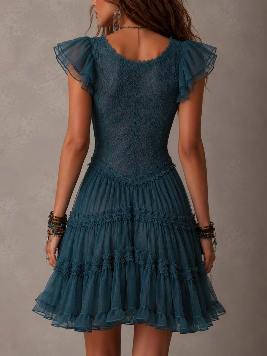 Isadora | Women's Lace Mini Dress with Ruffle Sleeves - Teal - Image 2