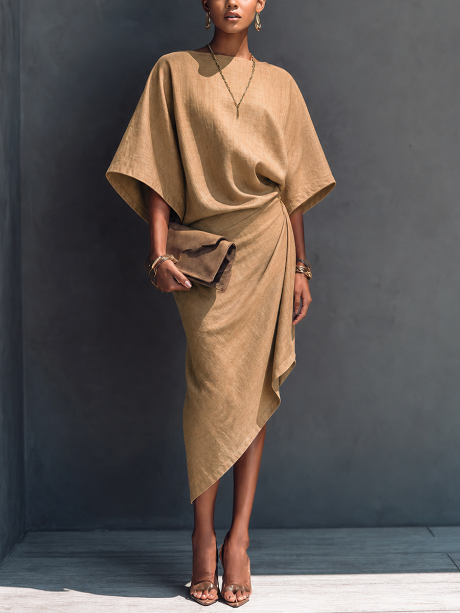 Lavine | Women's Midi Dress Batwing Asymmetric - Camel - Image 1