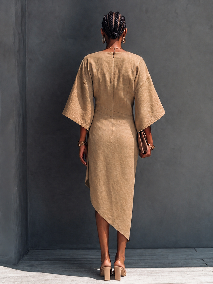 Lavine | Women's Midi Dress Batwing Asymmetric - Camel - Image 3