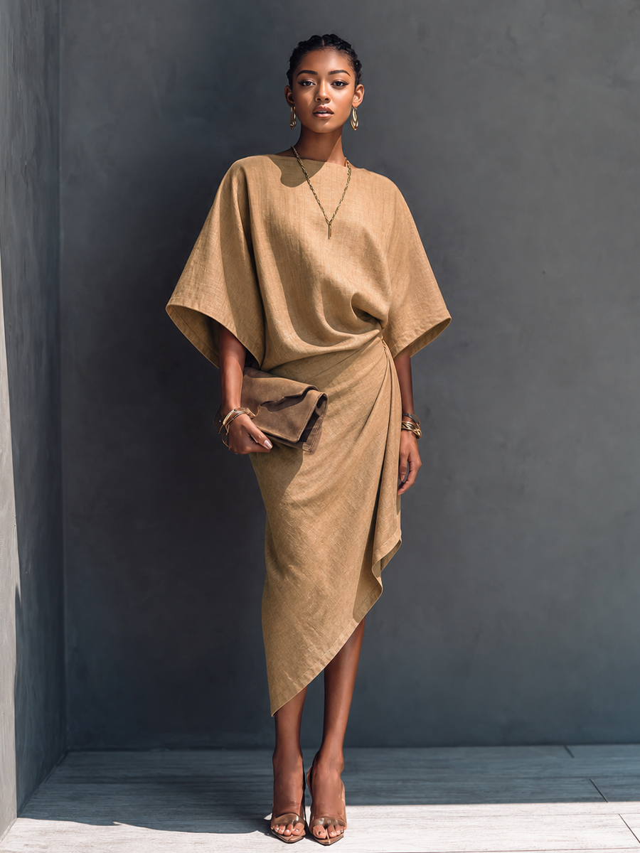 Lavine | Women's Midi Dress Batwing Asymmetric - Camel - Image 4