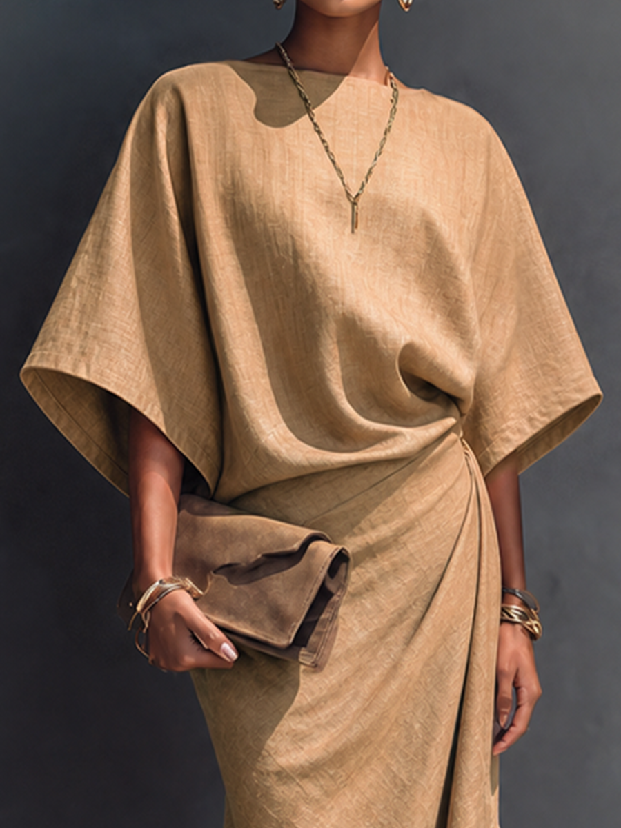 Lavine | Women's Midi Dress Batwing Asymmetric - Camel - Image 5