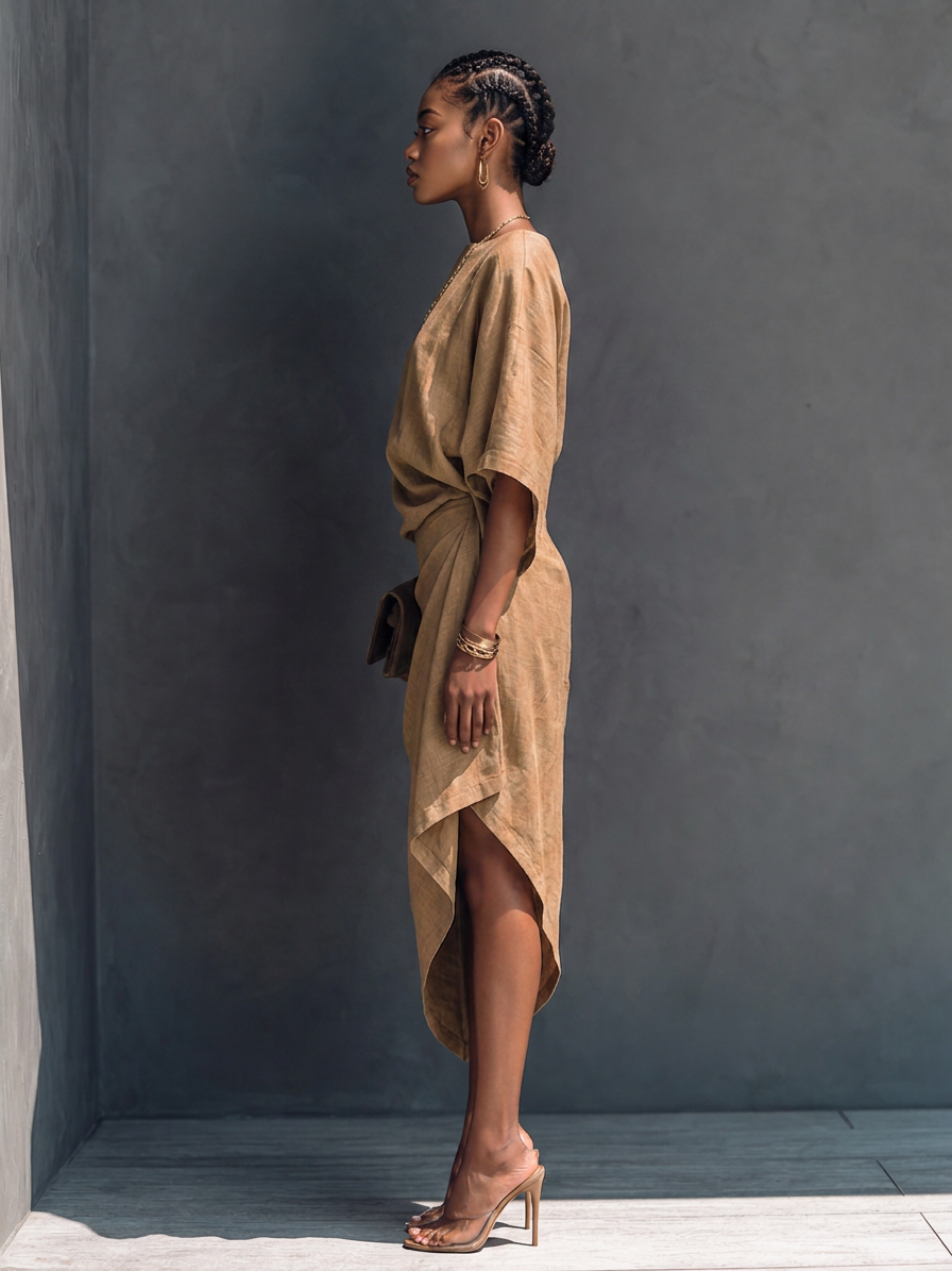 Lavine | Women's Midi Dress Batwing Asymmetric - Camel - Image 7