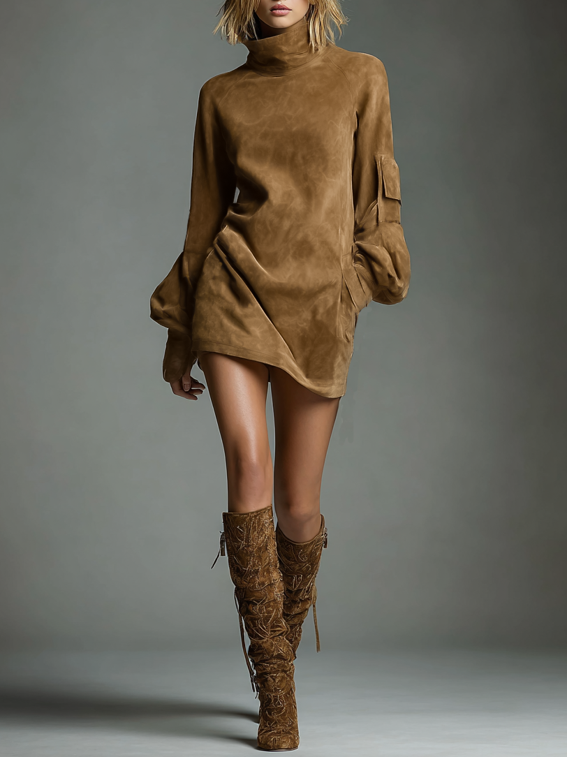 Lorelei | Women's Suede Mini Dress Long Sleeve - Camel - Image 1