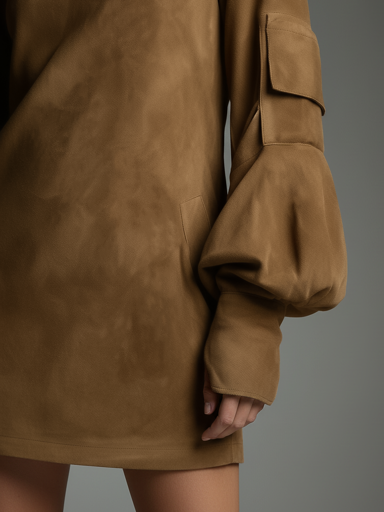 Lorelei | Women's Suede Mini Dress Long Sleeve - Camel - Image 3