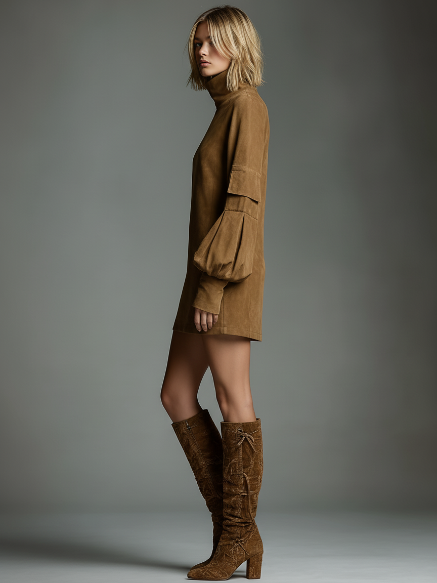 Lorelei | Women's Suede Mini Dress Long Sleeve - Camel - Image 5