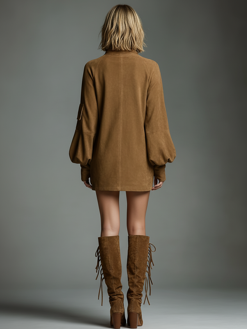 Lorelei | Women's Suede Mini Dress Long Sleeve - Camel - Image 6