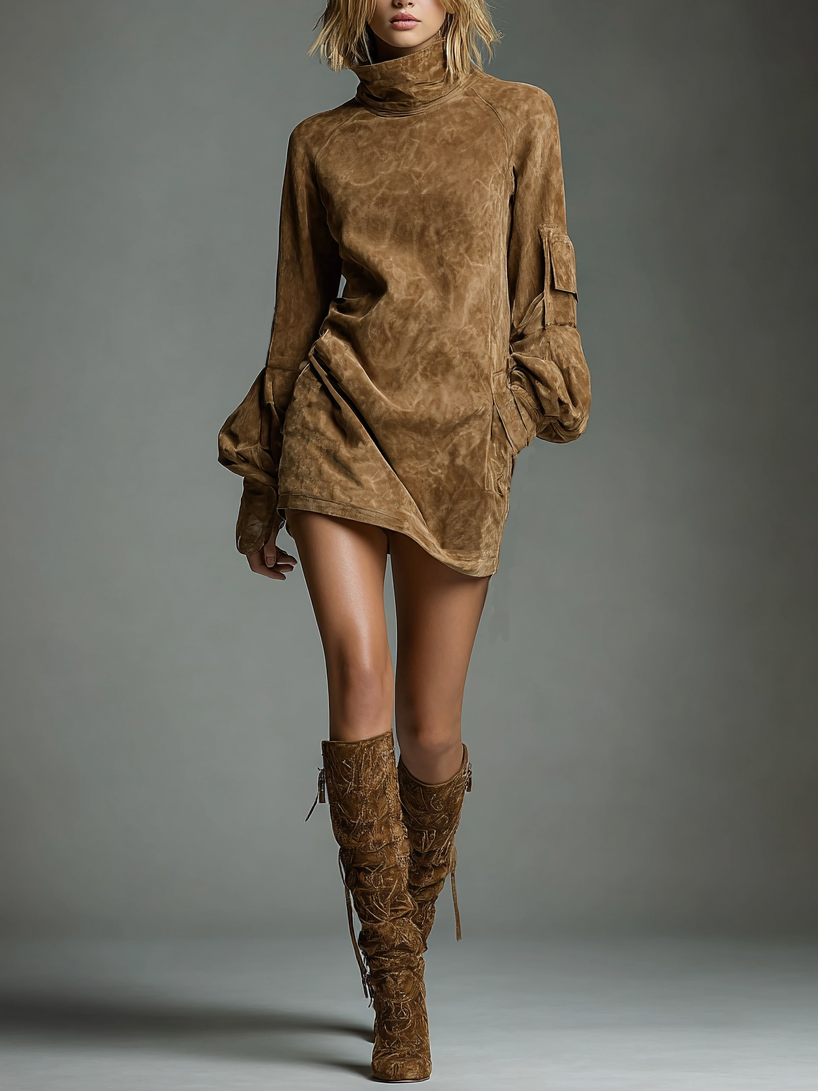 Lorelei | Women's Suede Mini Dress Long Sleeve - Camel - Image 7