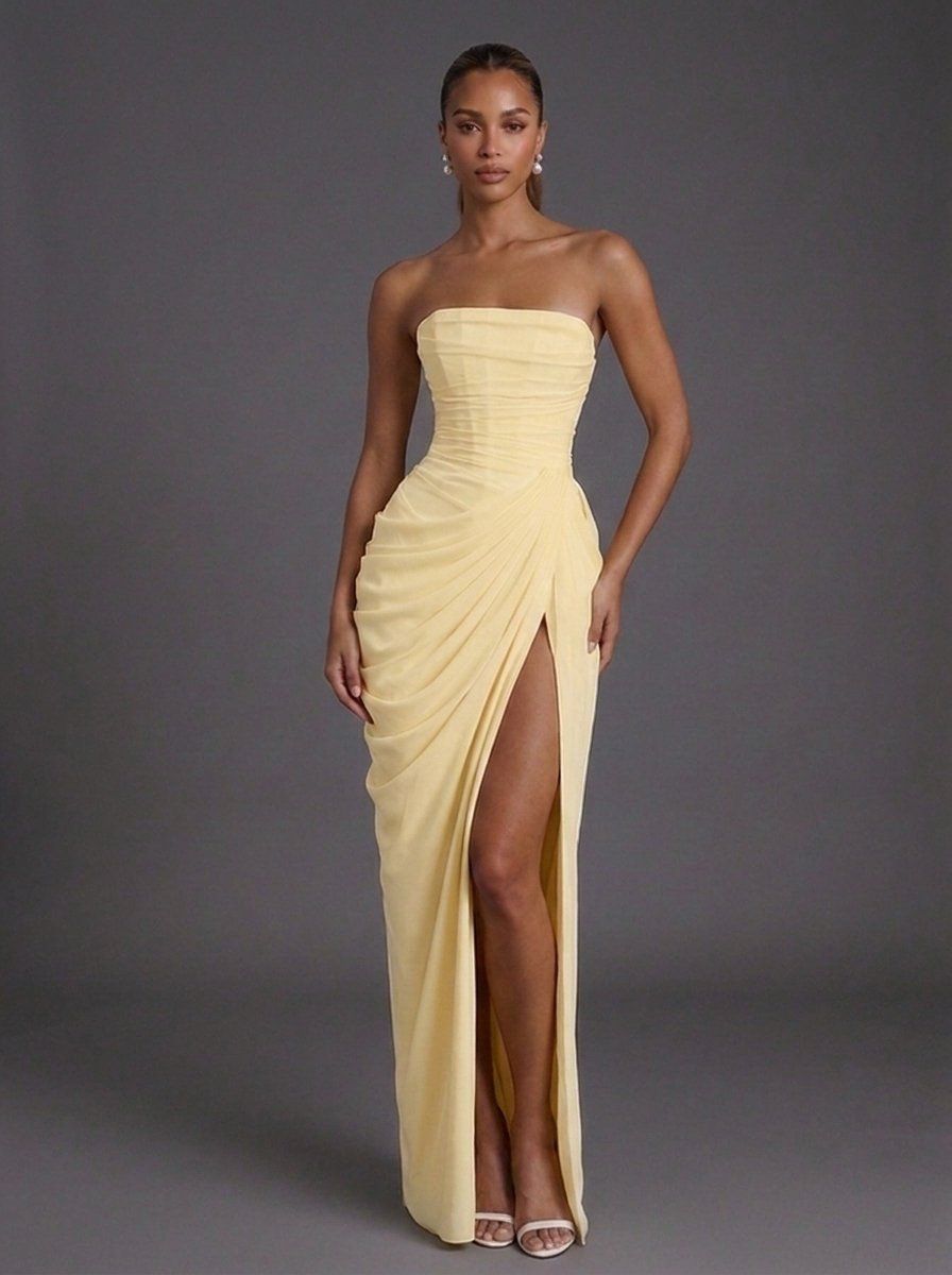 Lorelle | Women's Cocktail Dress Strapless Ruched Maxi - Yellow - Image 1