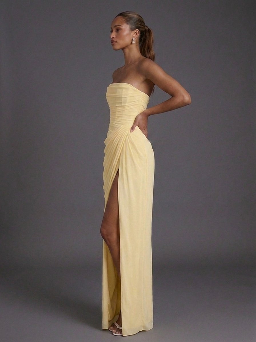Lorelle | Women's Cocktail Dress Strapless Ruched Maxi - Yellow - Image 2