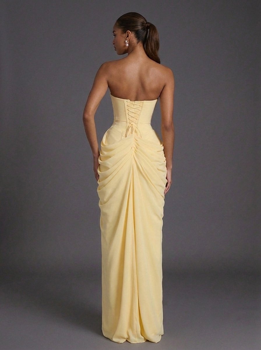 Lorelle | Women's Cocktail Dress Strapless Ruched Maxi - Yellow - Image 4