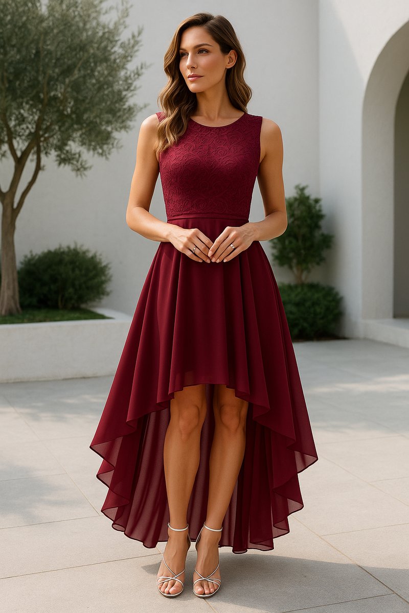 Lorvelle | Women's Wedding Guest Dress High-Low - Burgundy - Image 1