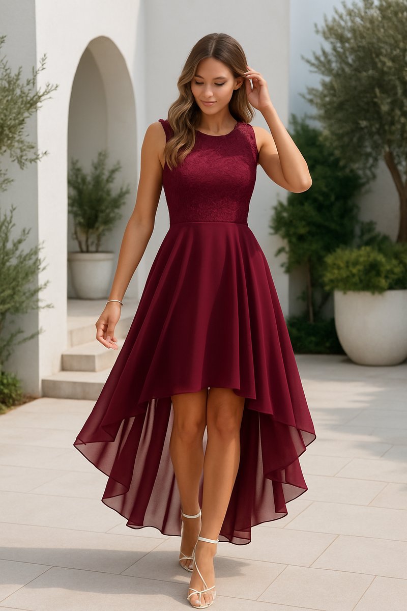 Lorvelle | Women's Wedding Guest Dress High-Low - Burgundy - Image 2