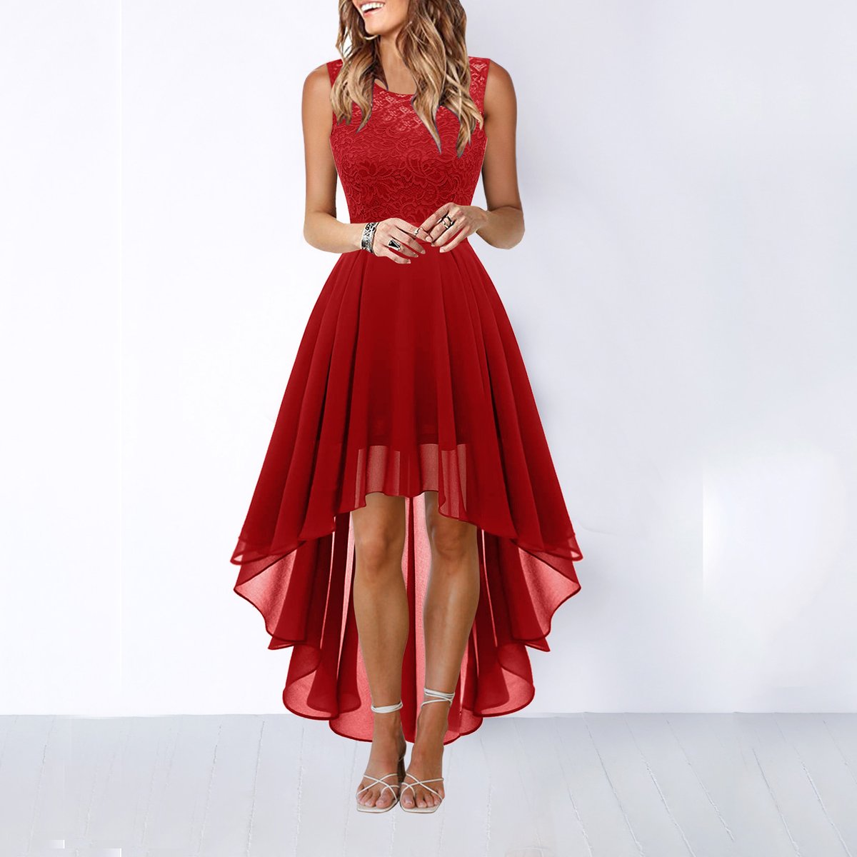 Lorvelle | Women's Wedding Guest Dress High-Low - Burgundy - Image 5