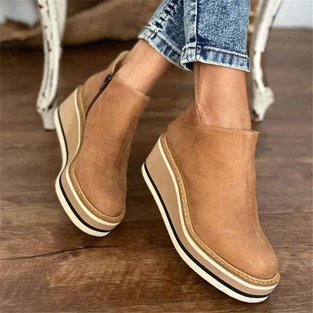 Lorvessa | Women's Platform Wedge Ankle Boots - Camel - Image 1