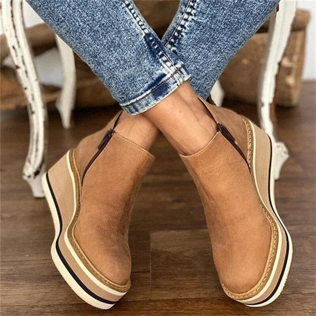 Lorvessa | Women's Platform Wedge Ankle Boots - Camel - Image 2