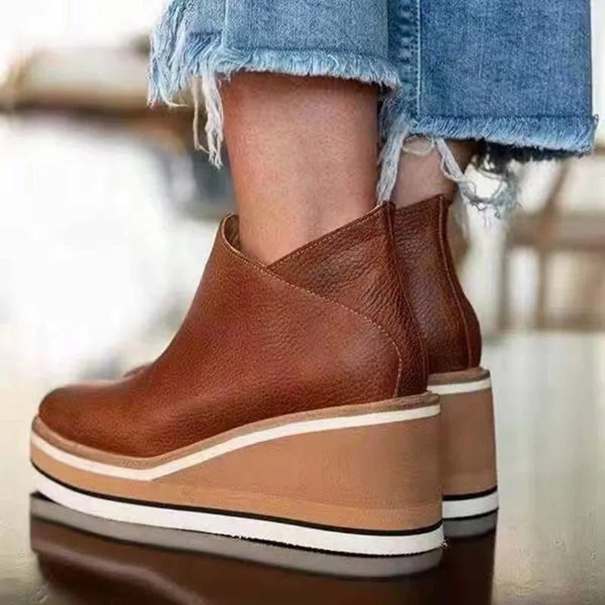 Lorvessa | Women's Platform Wedge Ankle Boots - Camel - Image 7