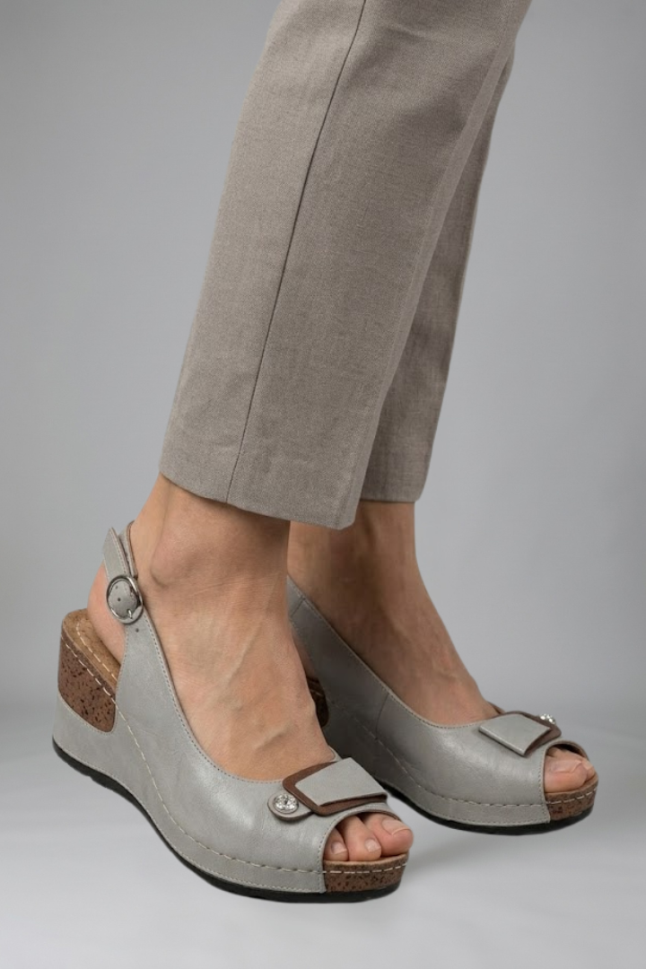 Marvaine | Women's Wedge Sandals Open Toe Slingback - Grey - Image 6