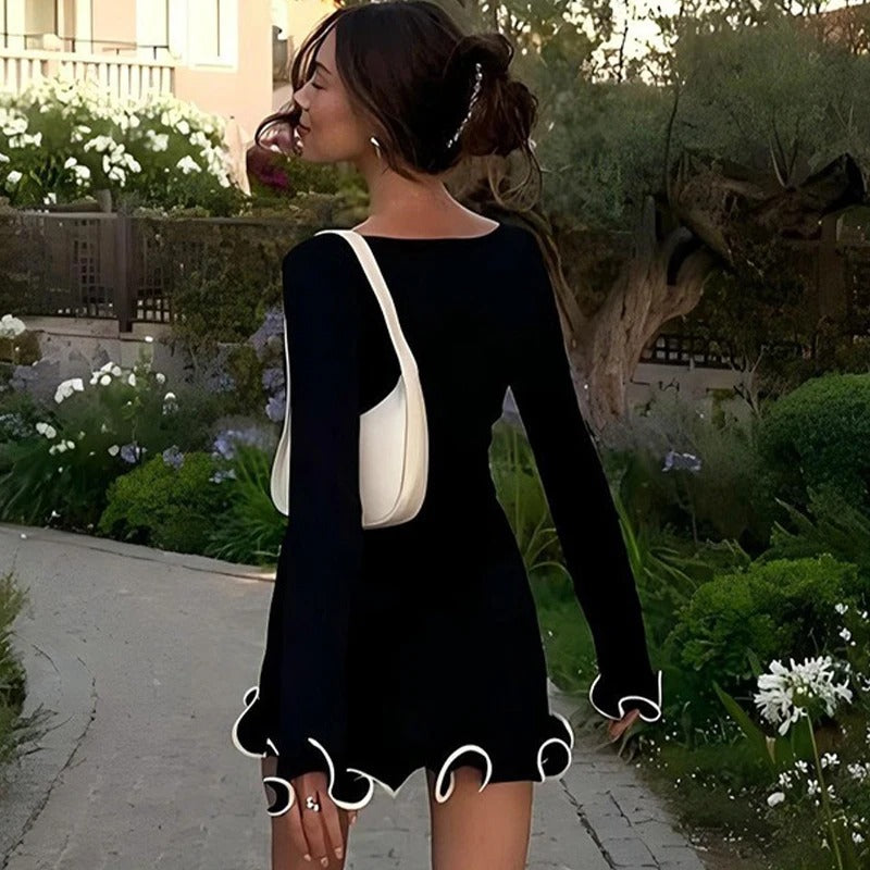 Marvelle | Women's Mini Dress Long Sleeve Ruffle - Black - Image 3
