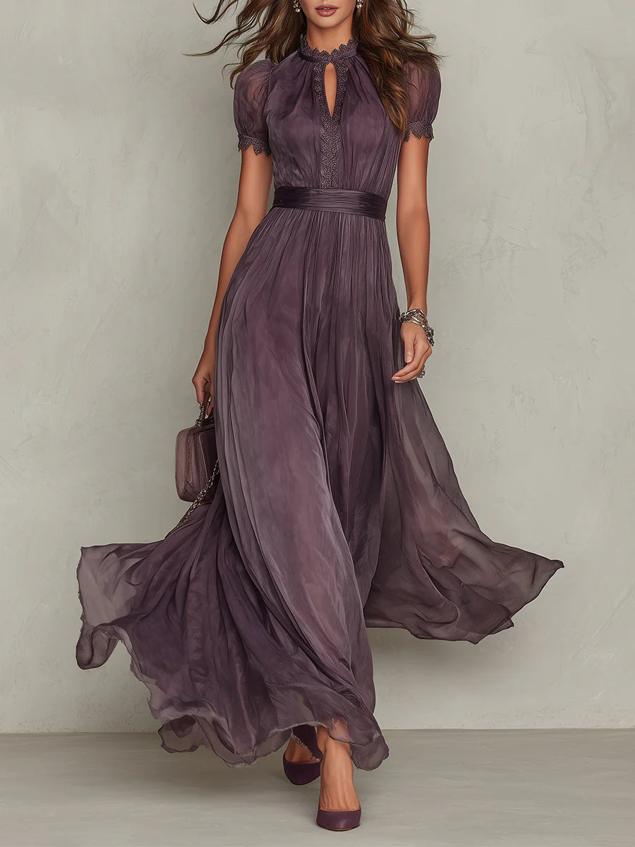 Meralda | Women's Chiffon Lace Trim Maxi Dress - Plum - Image 1