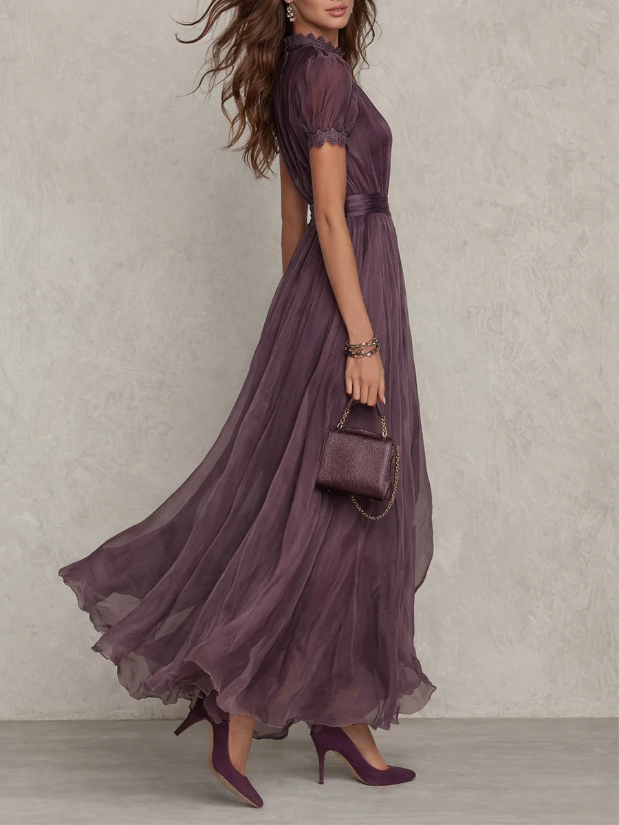 Meralda | Women's Chiffon Lace Trim Maxi Dress - Plum - Image 2