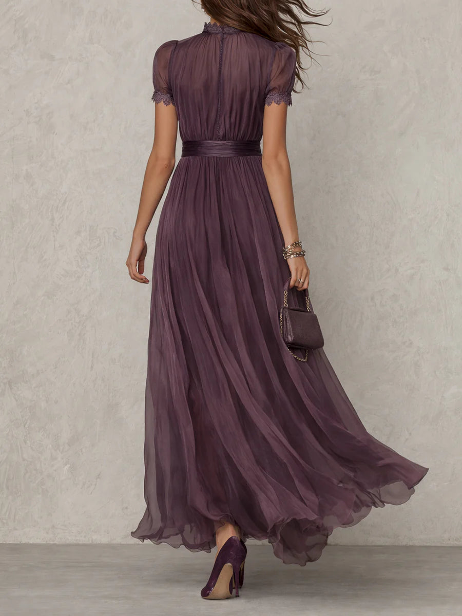 Meralda | Women's Chiffon Lace Trim Maxi Dress - Plum - Image 3
