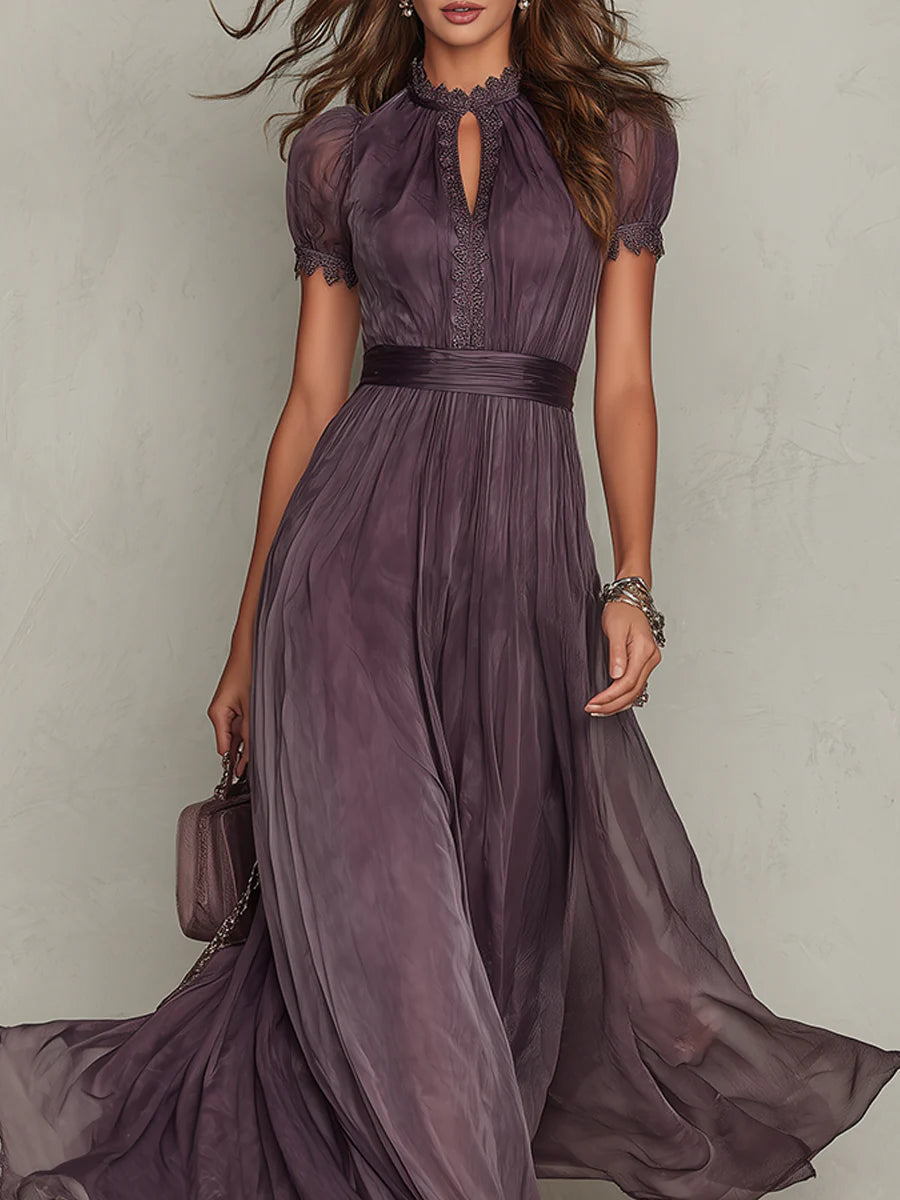 Meralda | Women's Chiffon Lace Trim Maxi Dress - Plum - Image 4