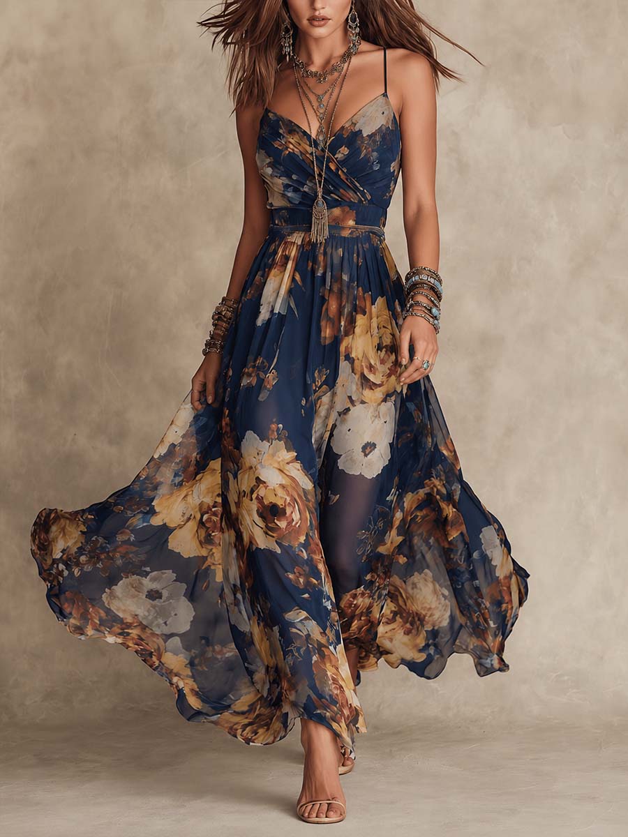 Naveah | Women's Floral Maxi Dress Spaghetti Strap - Navy - Image 1