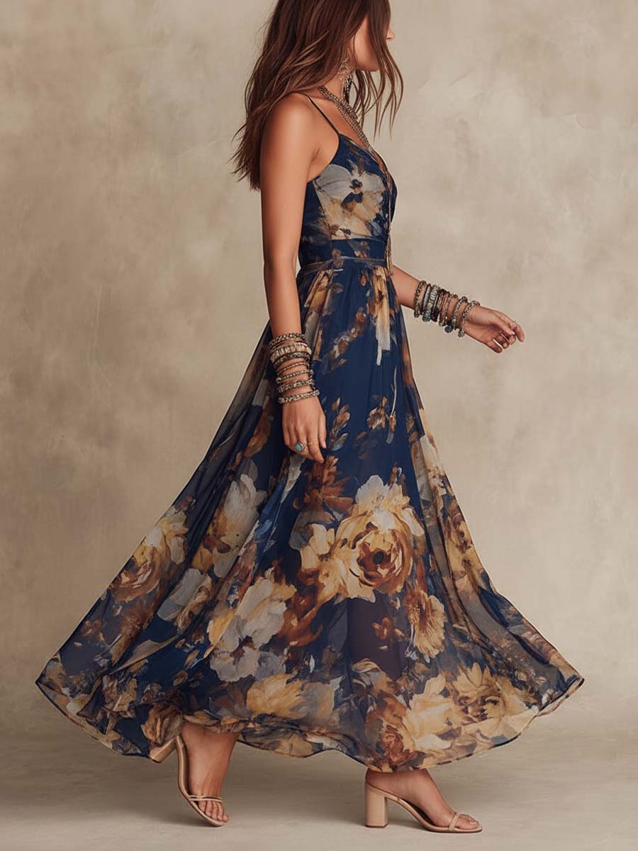 Naveah | Women's Floral Maxi Dress Spaghetti Strap - Navy - Image 2
