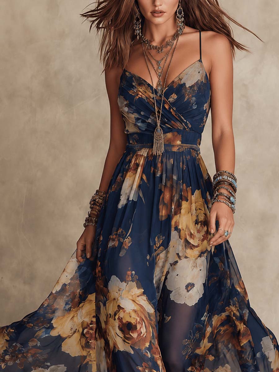Naveah | Women's Floral Maxi Dress Spaghetti Strap - Navy - Image 4