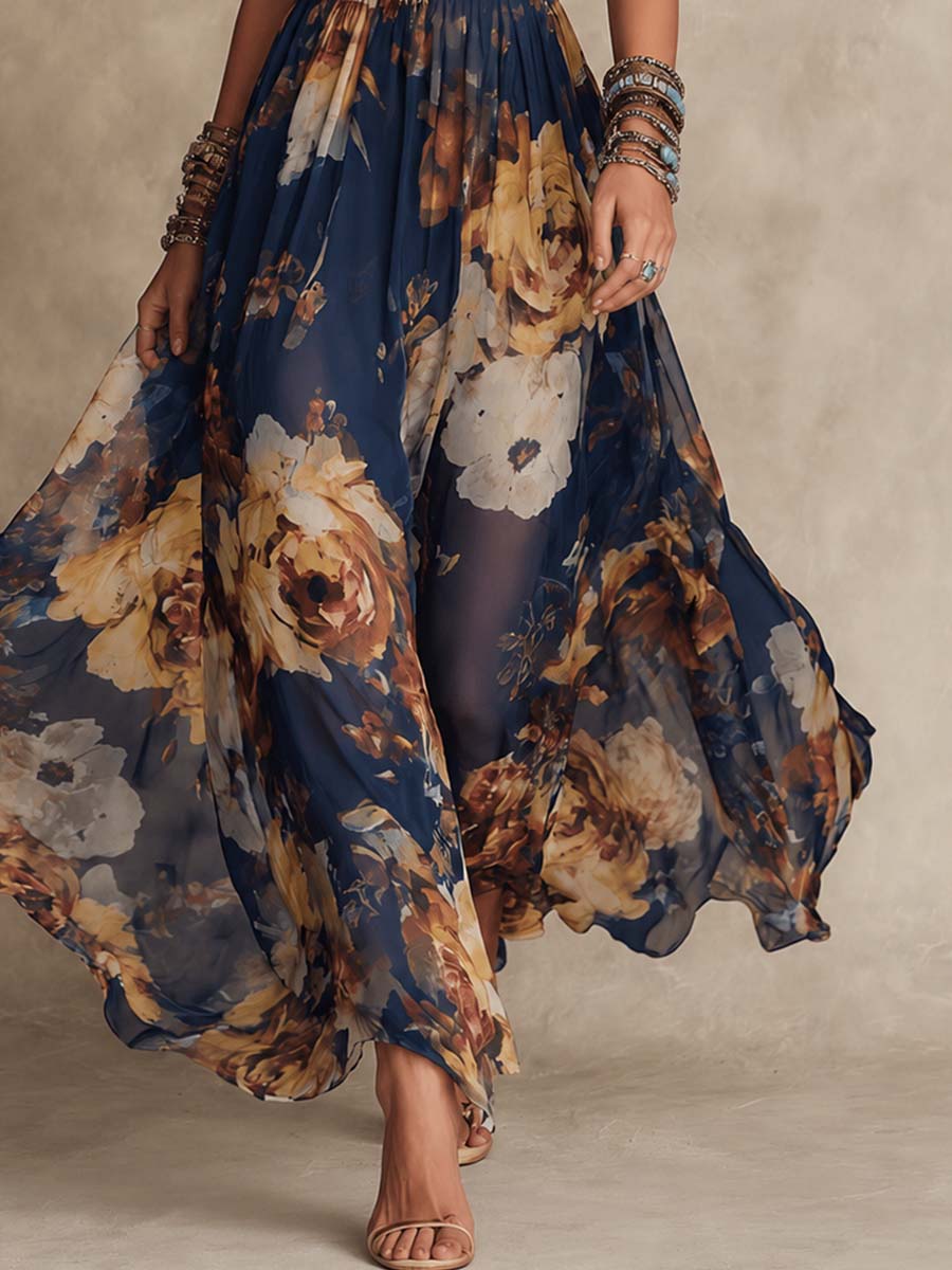 Naveah | Women's Floral Maxi Dress Spaghetti Strap - Navy - Image 5