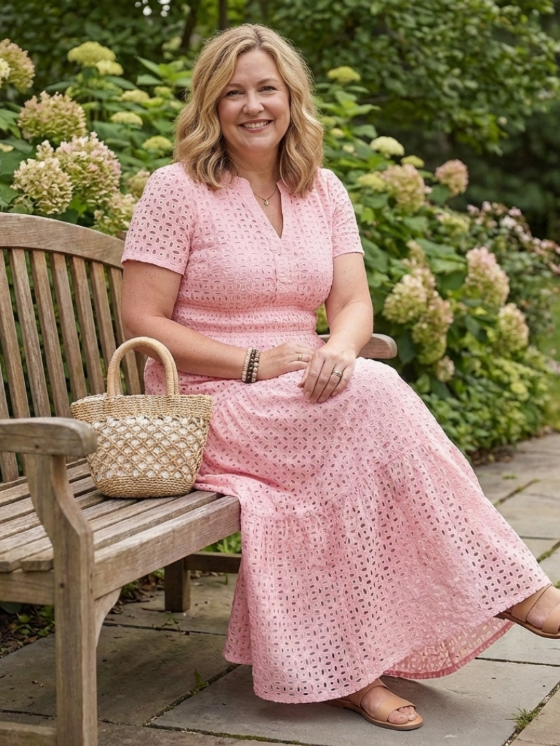 Nelvaine | Women's Midi Dress Eyelet Tiered - Pink - Image 2